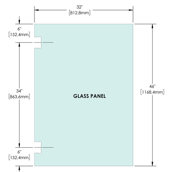 Panneau de verre de garde-corps de 1/2" (12 mm) - Hauteur de 46" avec découpes de charnière hydraulique de la série HULK (toutes les tailles)