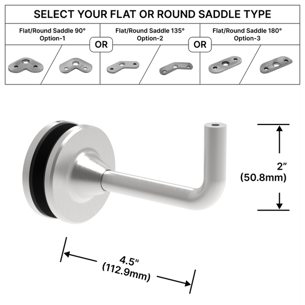 [EXTHRB4.5GM] Extendable Handrail Bracket - Glass Mount - 4-1/2" Length w/ Flat or Round Saddle (BS, MBL)