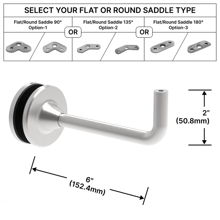 [EXTHRB6GM] Extendable Handrail Bracket - Glass Mount - 6" Length w/ Flat or Round Saddle (BS, MBL)