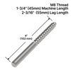 [HB1144] Boulon à filetage machine 45 mm / filetage tire-fond 55 mm (longueur 102 mm) - x1 Inox