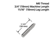 [HB34112] Boulon à filetage machine 19 mm / filetage tire-fond 18 mm (longueur 38 mm) - x1 Inox
