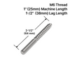 [HB34212] Boulon à filetage machine 25 mm / filetage tire-fond 38 mm (longueur 64 mm) - x1 Inox