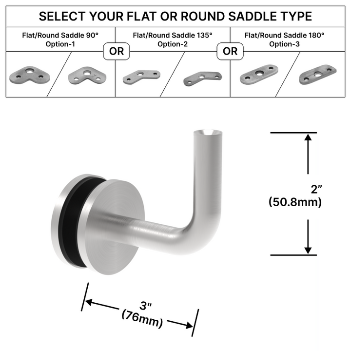 [HRB3X2GM] Handrail Bracket - Glass Mount - 3X2" w/ Flat or Round Saddle (BS, MBL)