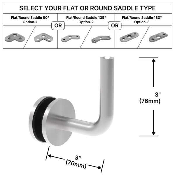 [HRB3X3GM] Handrail Bracket - Glass Mount - 3X3" w/ Flat or Round Saddle (BS, MBL)