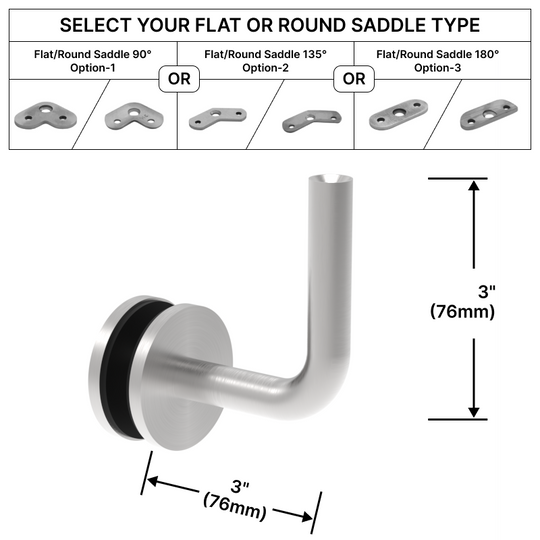 [HRB3X3] Support de main courante – Support en verre – 3 x 3" avec selle ronde (BS, MBL)