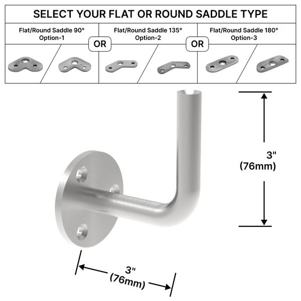 [HRB3X3WM] Handrail Bracket - Wall Mount - 3X3" w/ Flat or Round Saddle (BS, MBL)