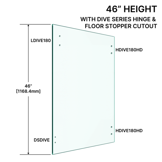 [RGD32X46-SHLFL] 3/8" (10mm) Railing Glass Door - 46" Height with DIVE Series Hinge & Stopper Cutouts