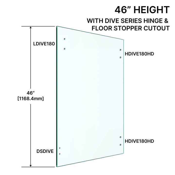 [RGD32X46-SHLFL] Porte en verre à garde-corps de 10 mm (3/8 po) - Hauteur de 117 cm (46 po) avec découpes pour charnières et butées de la série DIVE
