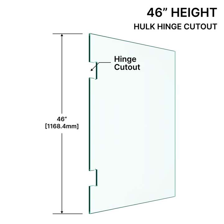 Panneau de verre de garde-corps de 1/2" (12 mm) - Hauteur de 46" avec découpes de charnière hydraulique de la série HULK (toutes les tailles)