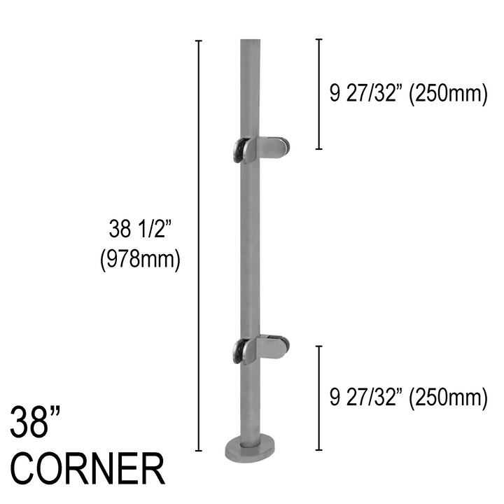 [RPRO38C] Poteau de garde-corps rond Pro - Hauteur de base 38" - Coin (BS, MBL) (estampillé par l'ingénieur)