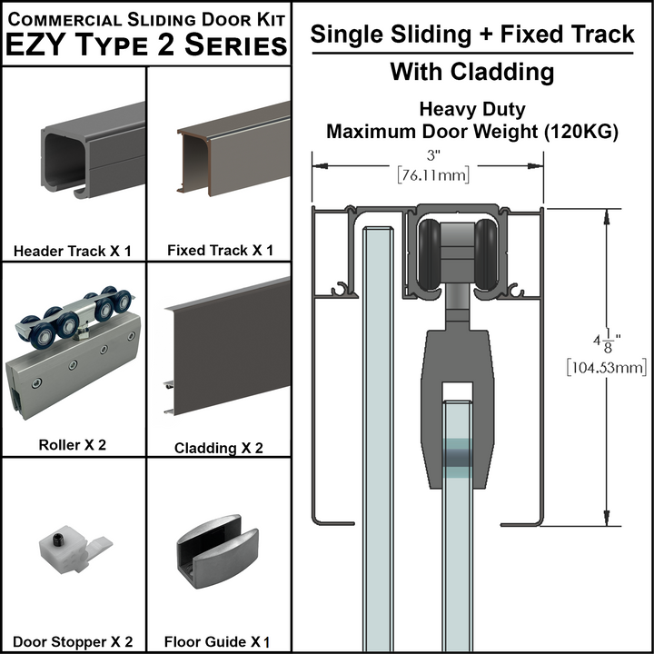 [EZY2HDCLDSDP] Heavy Duty Sliding Door Kit With Cladding - Single Sliding + Panel Track (118")