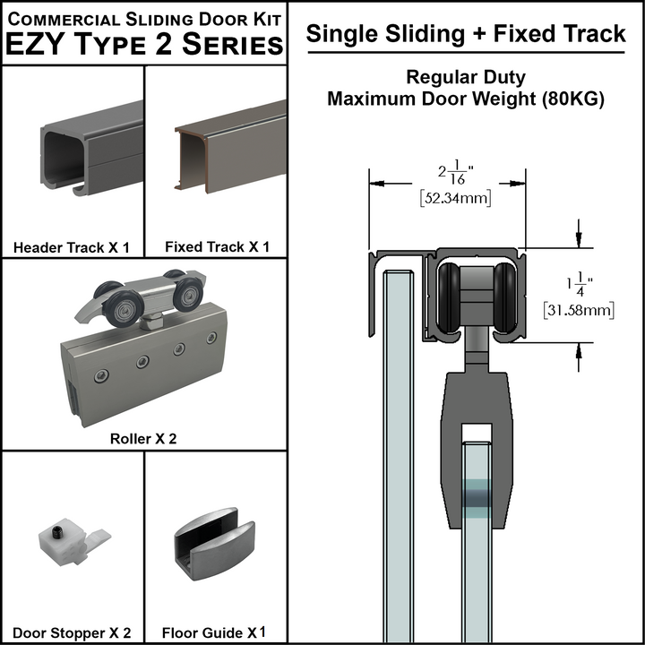 [EZY2SDP] Commercial Sliding Door Kit - EZY2 - Single Sliding + Fixed Panel Track (118")